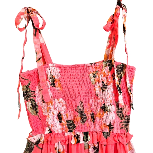 Nwot Stylish Nature Coral Pink Floral Smocked Elastic Bodice Tiered Maxi… - Picture 5 of 15